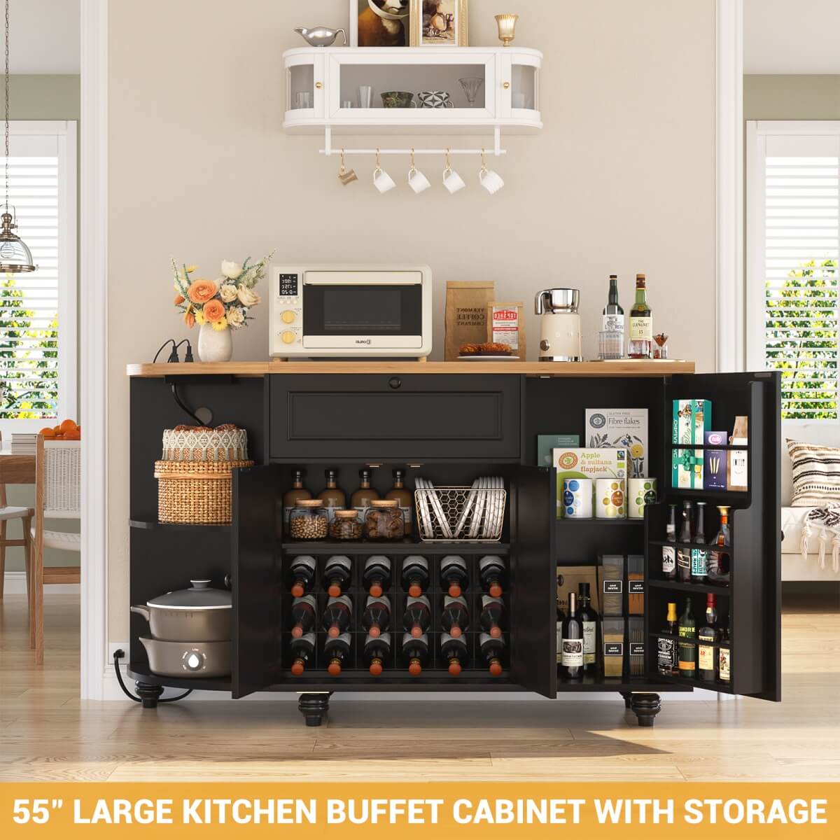 Buffet Cabinet with Wine Rack, 55", Bar Cabinet with Drawers and Outlets