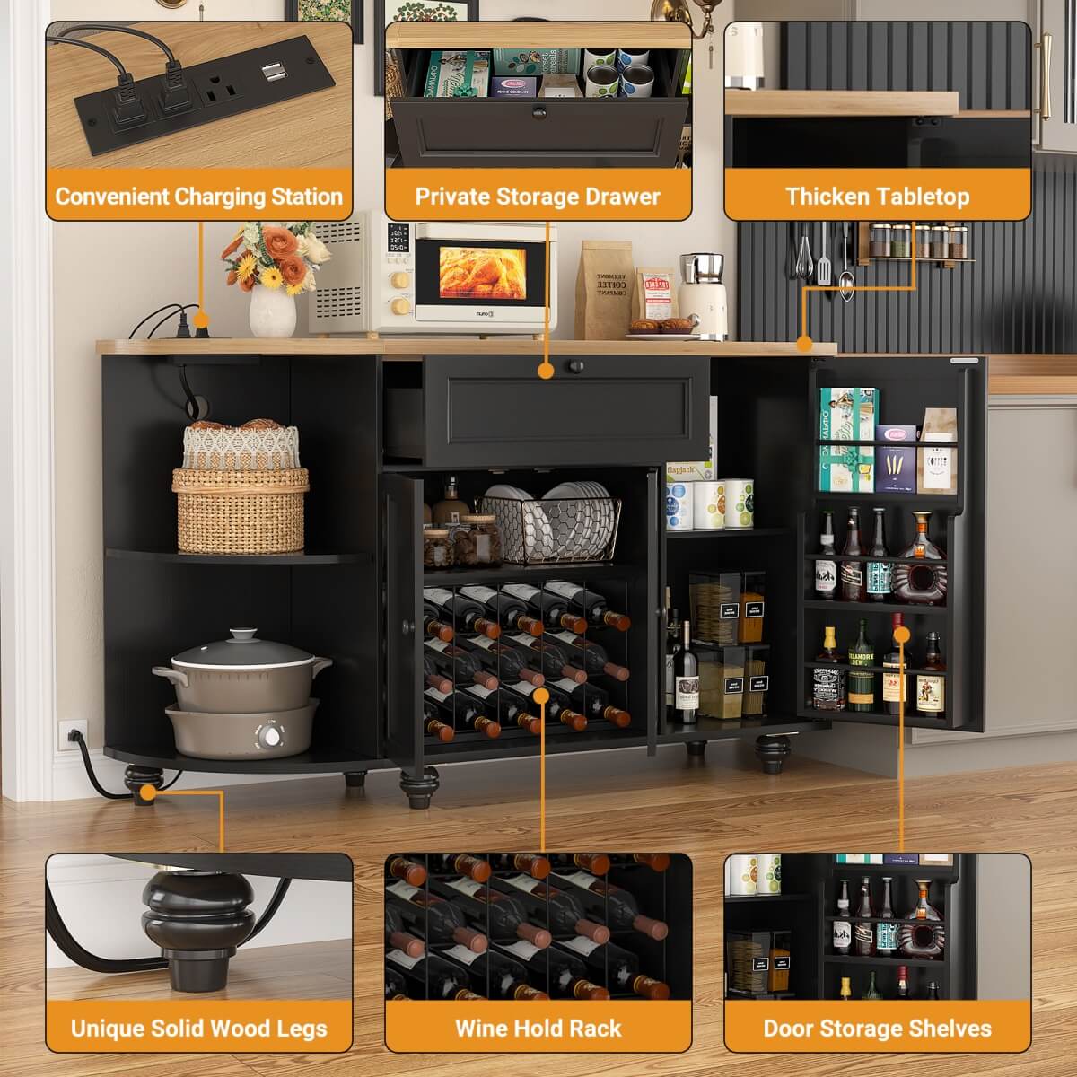 Buffet Cabinet with Wine Rack, 55", Bar Cabinet with Drawers and Outlets