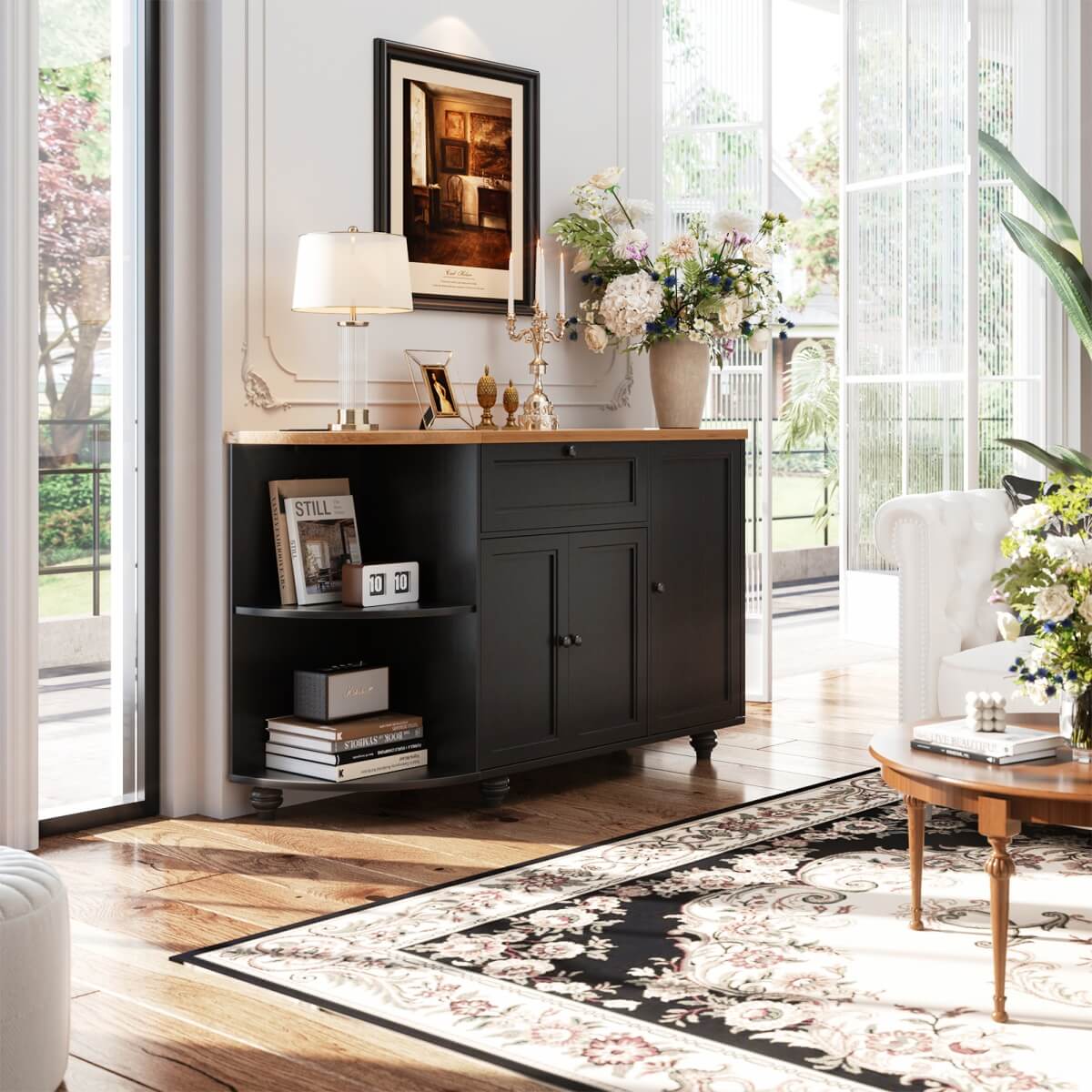 Buffet Cabinet with Wine Rack, 55", Bar Cabinet with Drawers and Outlets