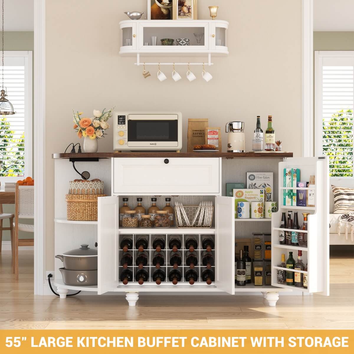 Buffet Cabinet with Wine Rack, 55", Bar Cabinet with Drawers and Outlets