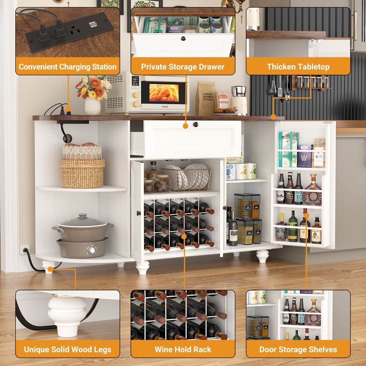 Buffet Cabinet with Wine Rack, 55", Bar Cabinet with Drawers and Outlets