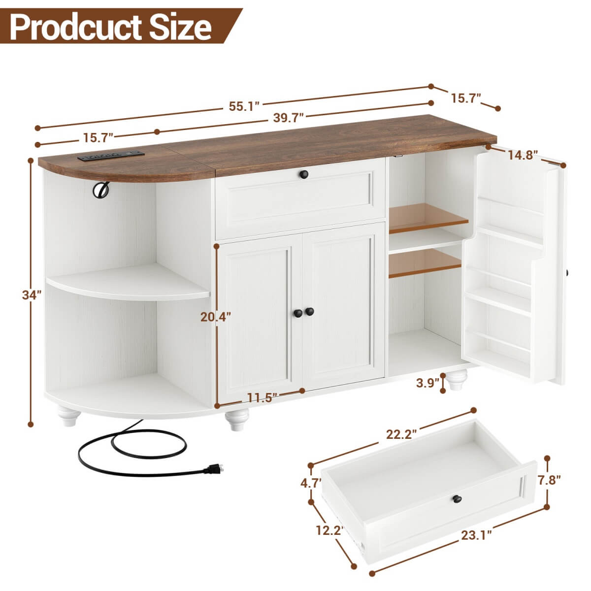 Buffet Cabinet with Wine Rack, 55", Bar Cabinet with Drawers and Outlets