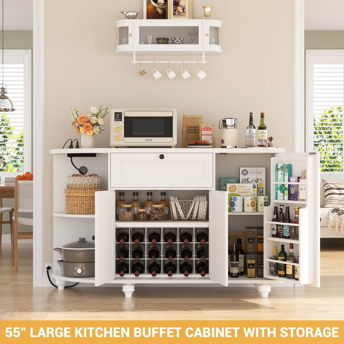 Buffet Cabinet with Wine Rack, 55", Bar Cabinet with Drawers and Outlets