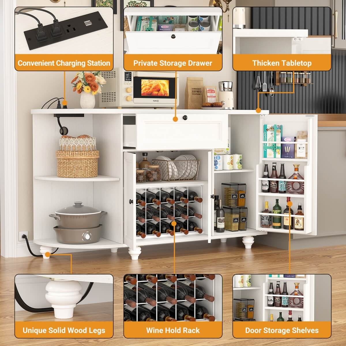 Buffet Cabinet with Wine Rack, 55", Bar Cabinet with Drawers and Outlets