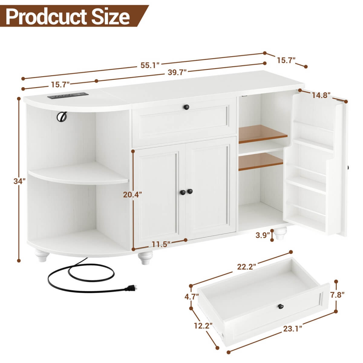 Buffet Cabinet with Wine Rack, 55", Bar Cabinet with Drawers and Outlets