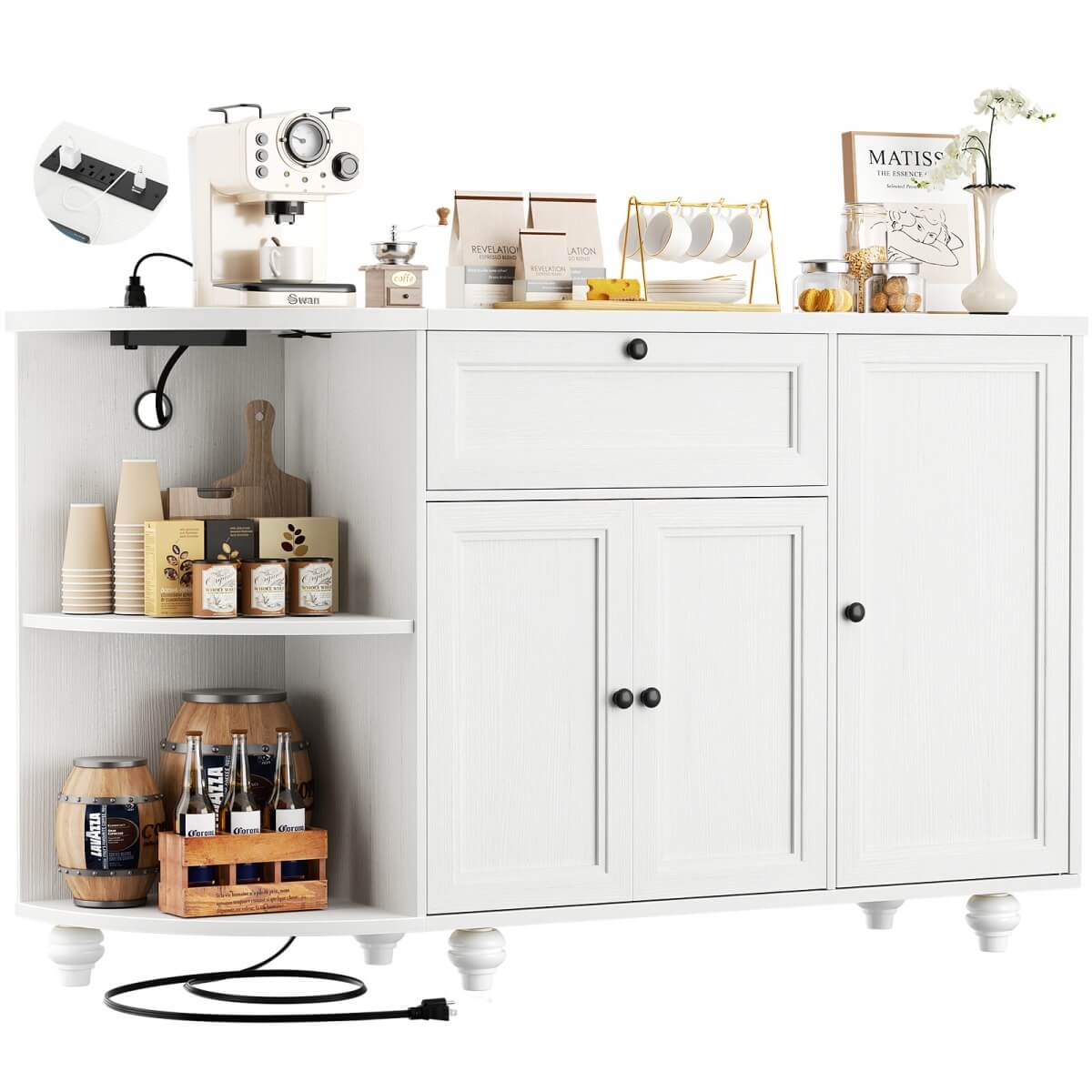 Buffet Cabinet with Wine Rack, 55", Bar Cabinet with Drawers and Outlets