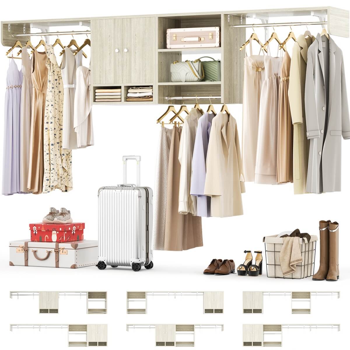 118'' Over Washer and Dryer Storage Shelves and Organizer, Wall Mounted, with 3 Hanging Rods