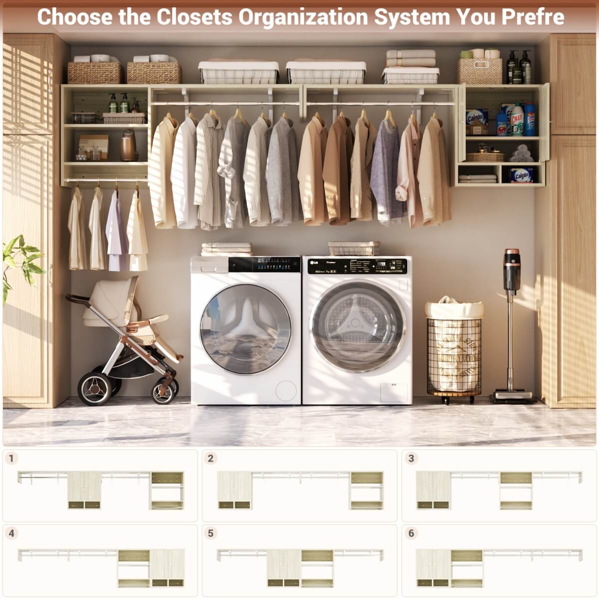 118'' Over Washer and Dryer Storage Shelves and Organizer, Wall Mounted, with 3 Hanging Rods