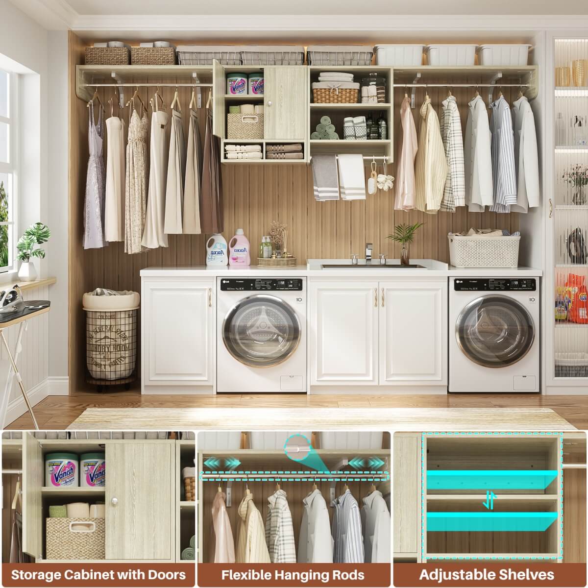 118'' Over Washer and Dryer Storage Shelves and Organizer, Wall Mounted, with 3 Hanging Rods