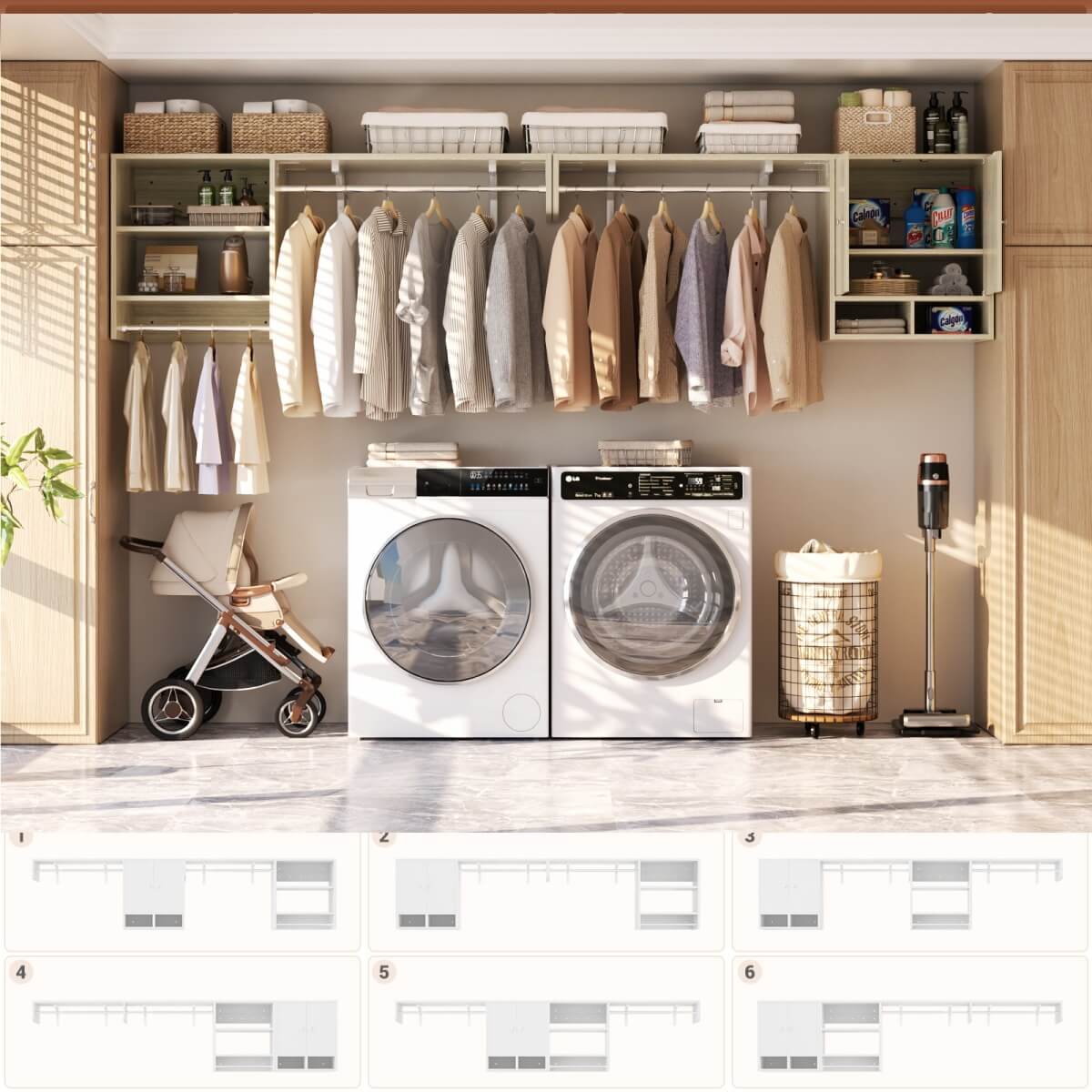 118'' Over Washer and Dryer Storage Shelves and Organizer, Wall Mounted, with 3 Hanging Rods