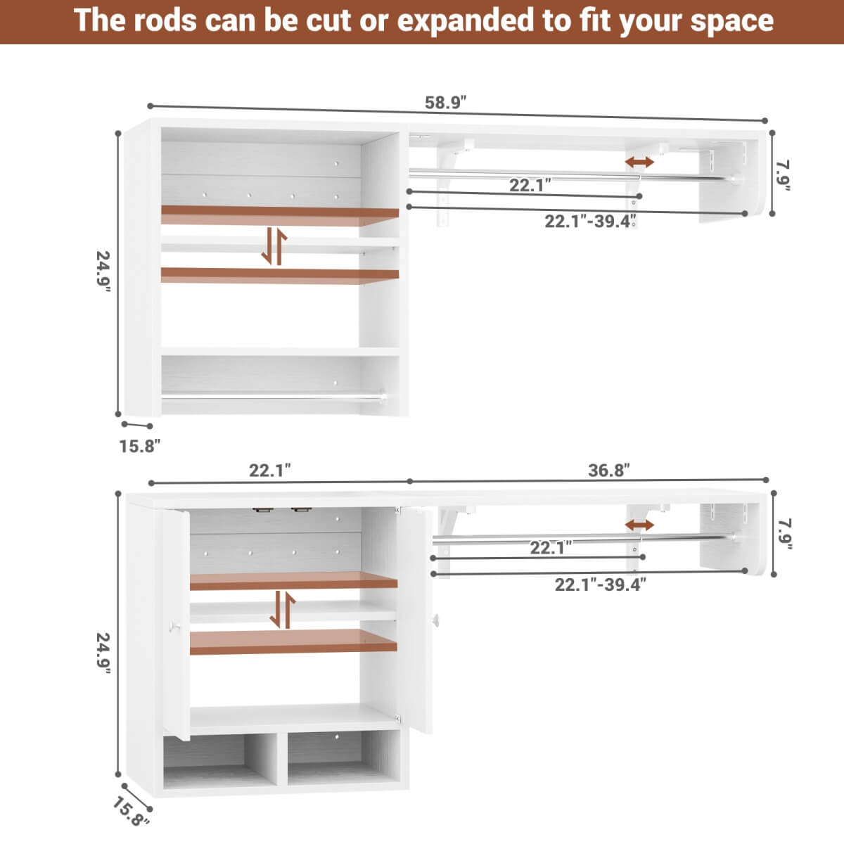 118'' Over Washer and Dryer Storage Shelves and Organizer, Wall Mounted, with 3 Hanging Rods