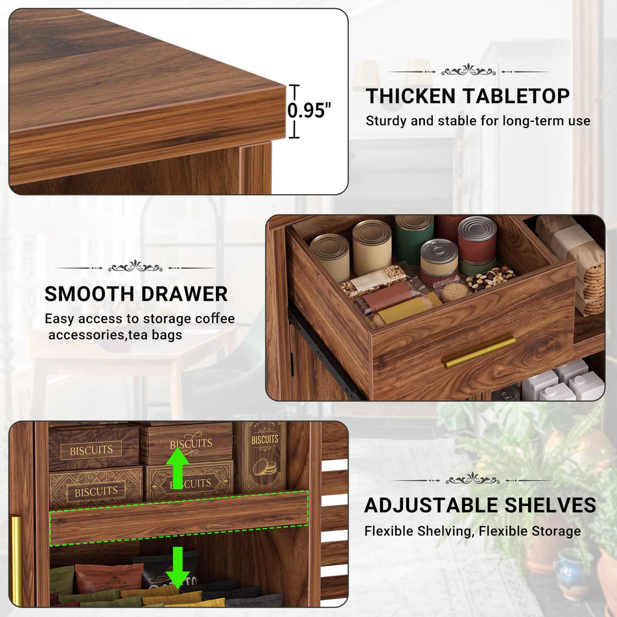 Coffee Bar Cabinet with Fridge Space & Snack Organizer