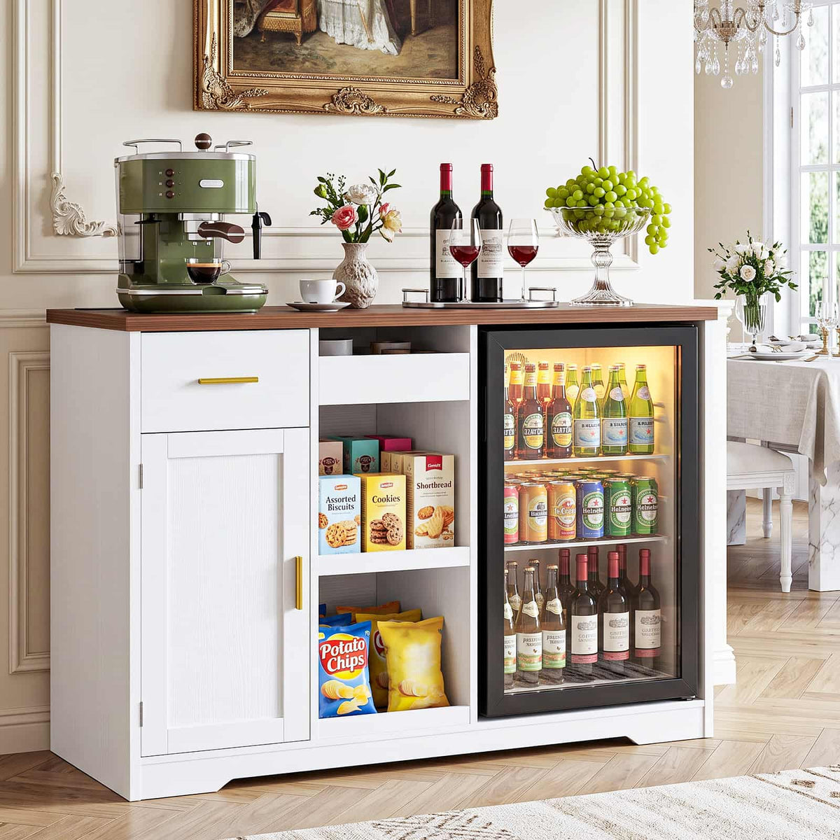 Coffee Bar Cabinet with Fridge Space & Snack Organizer