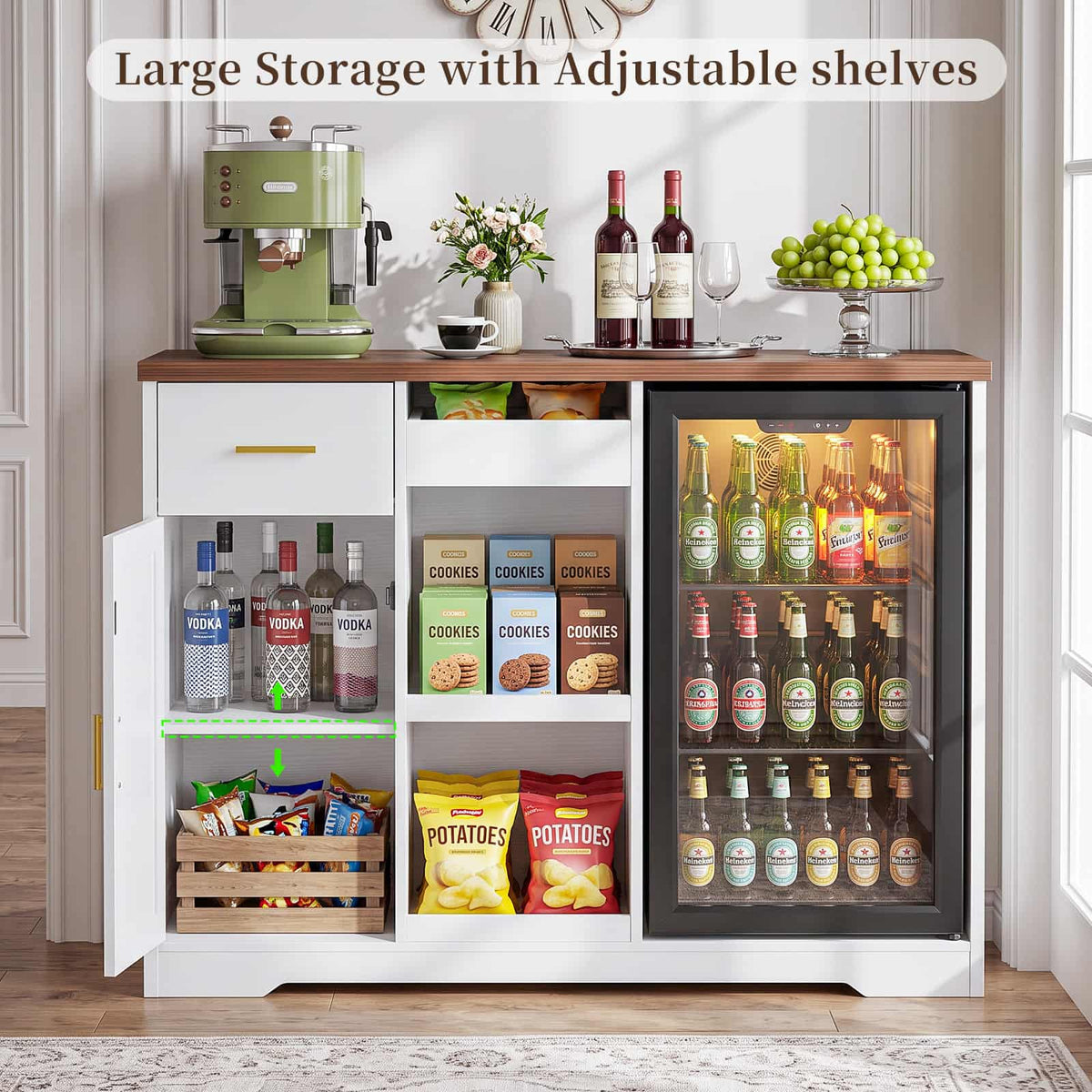 Coffee Bar Cabinet with Fridge Space & Snack Organizer