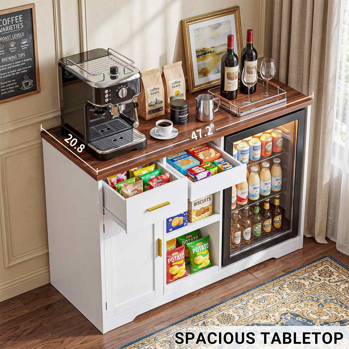 Coffee Bar Cabinet with Fridge Space & Snack Organizer