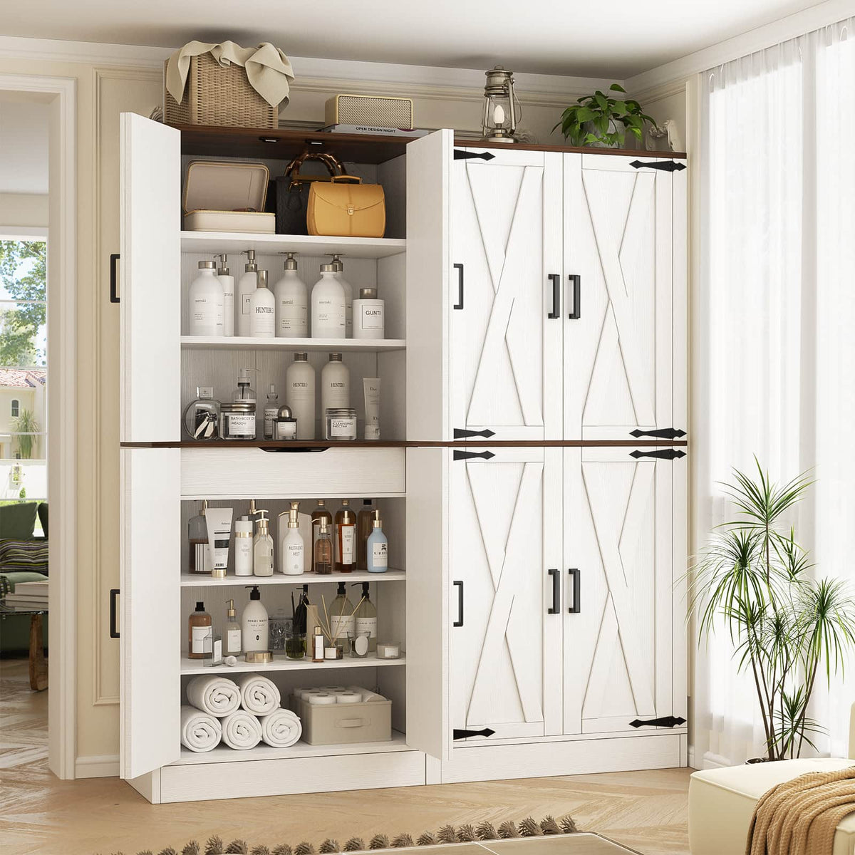 71" Tall Kitchen Pantry Cabinet with Farmhouse Barn Doors and Storage Drawer
