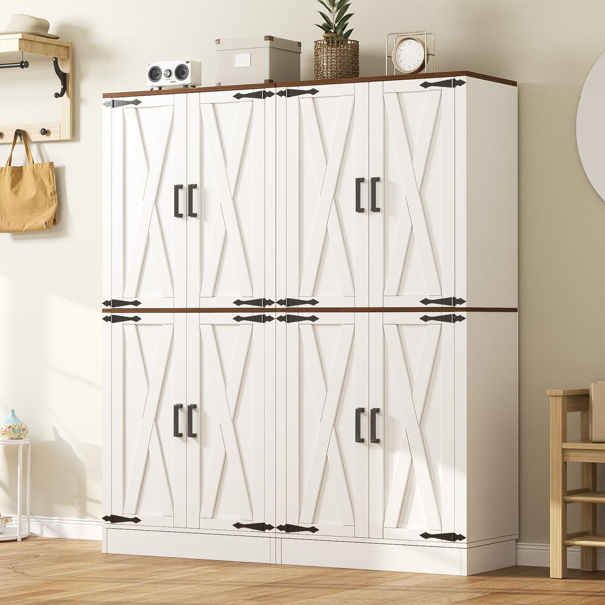 71" Tall Kitchen Pantry Cabinet with Farmhouse Barn Doors and Storage Drawer