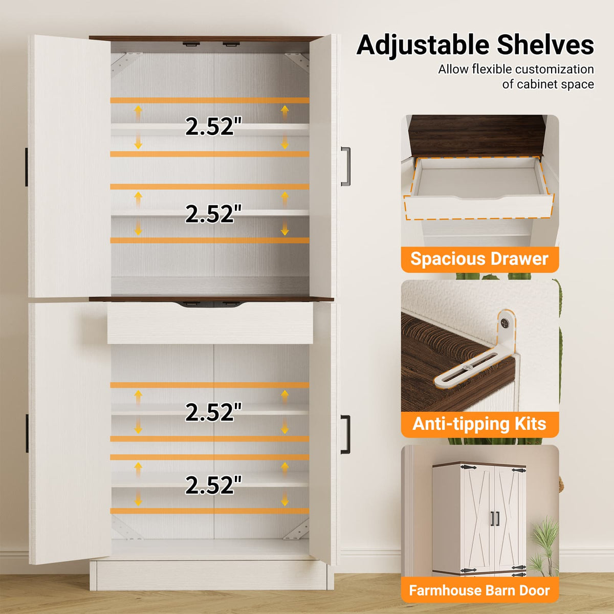 70.8" Wide Large Storage Cabinet, 71" Tall Kitchen Pantry