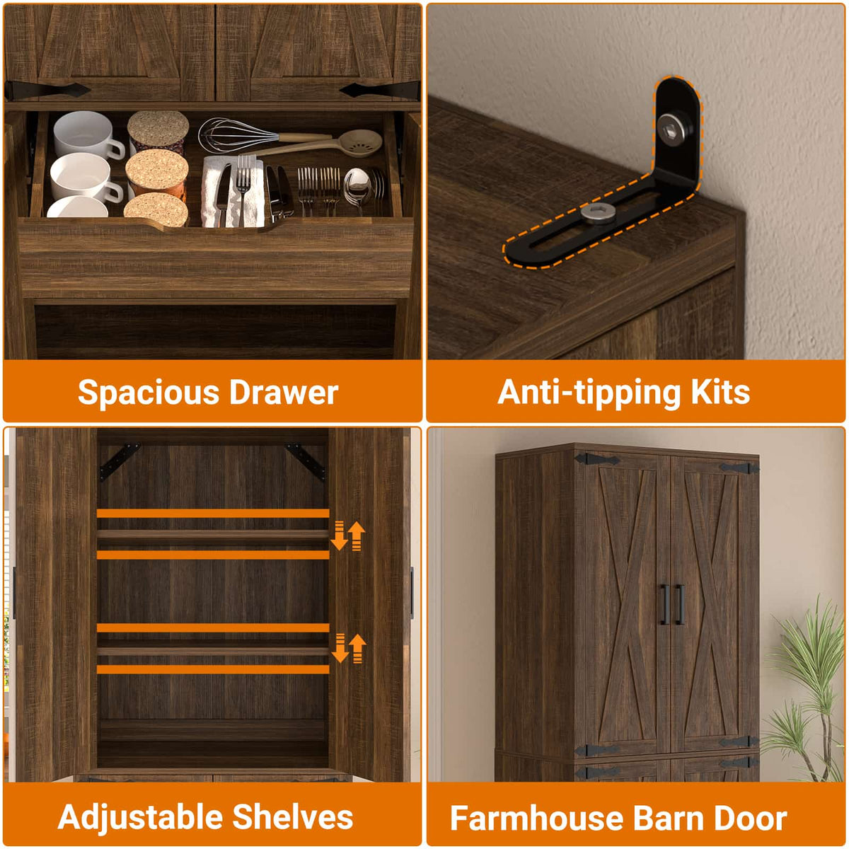 71"H Kitchen Pantry Storage Cabinet with Adjustable Shelves, Drawer