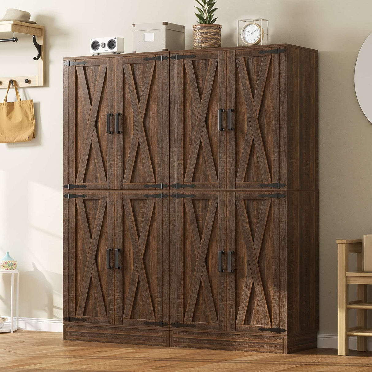 71" Tall Kitchen Pantry Cabinet with Farmhouse Barn Doors and Storage Drawer, 2 Packs