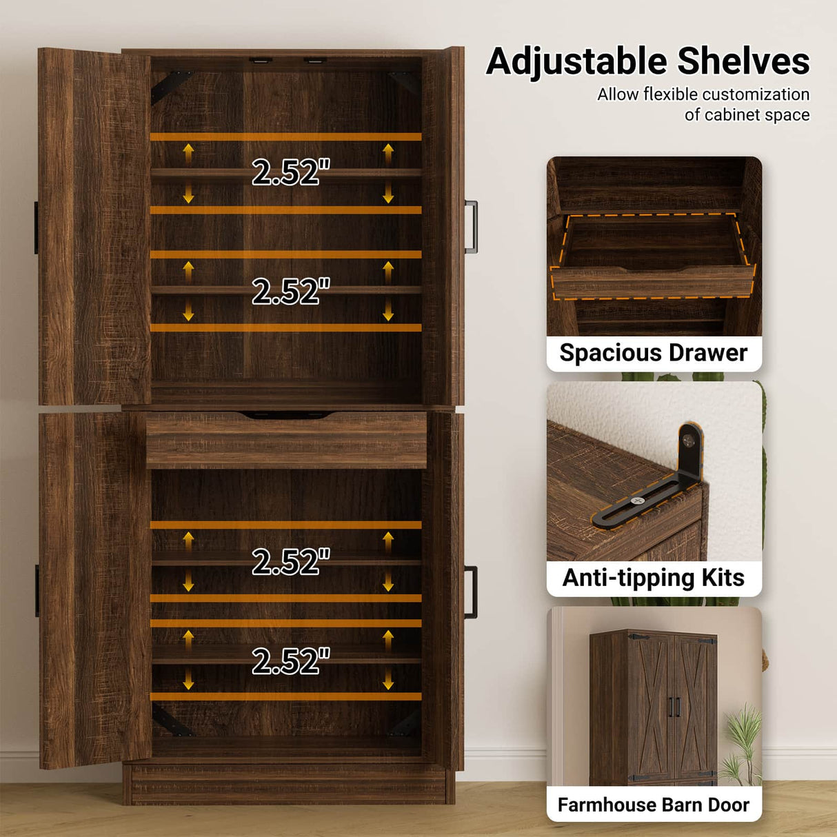 71" Tall Kitchen Pantry Cabinet with Farmhouse Barn Doors and Storage Drawer, 2 Packs