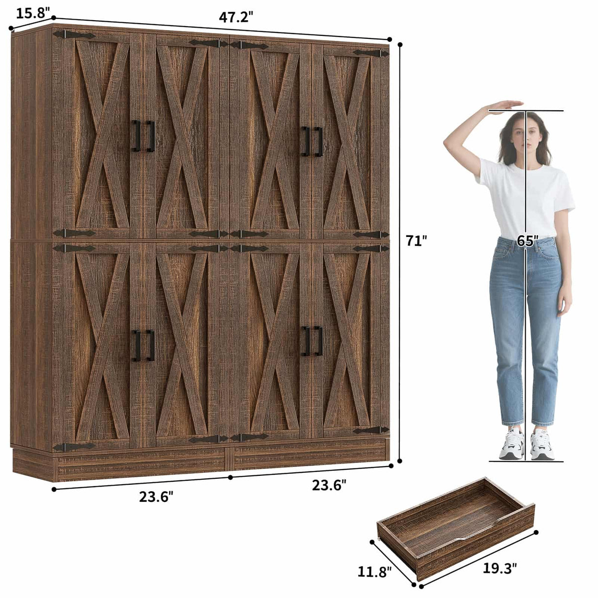 71" Tall Kitchen Pantry Cabinet with Farmhouse Barn Doors and Storage Drawer, 2 Packs