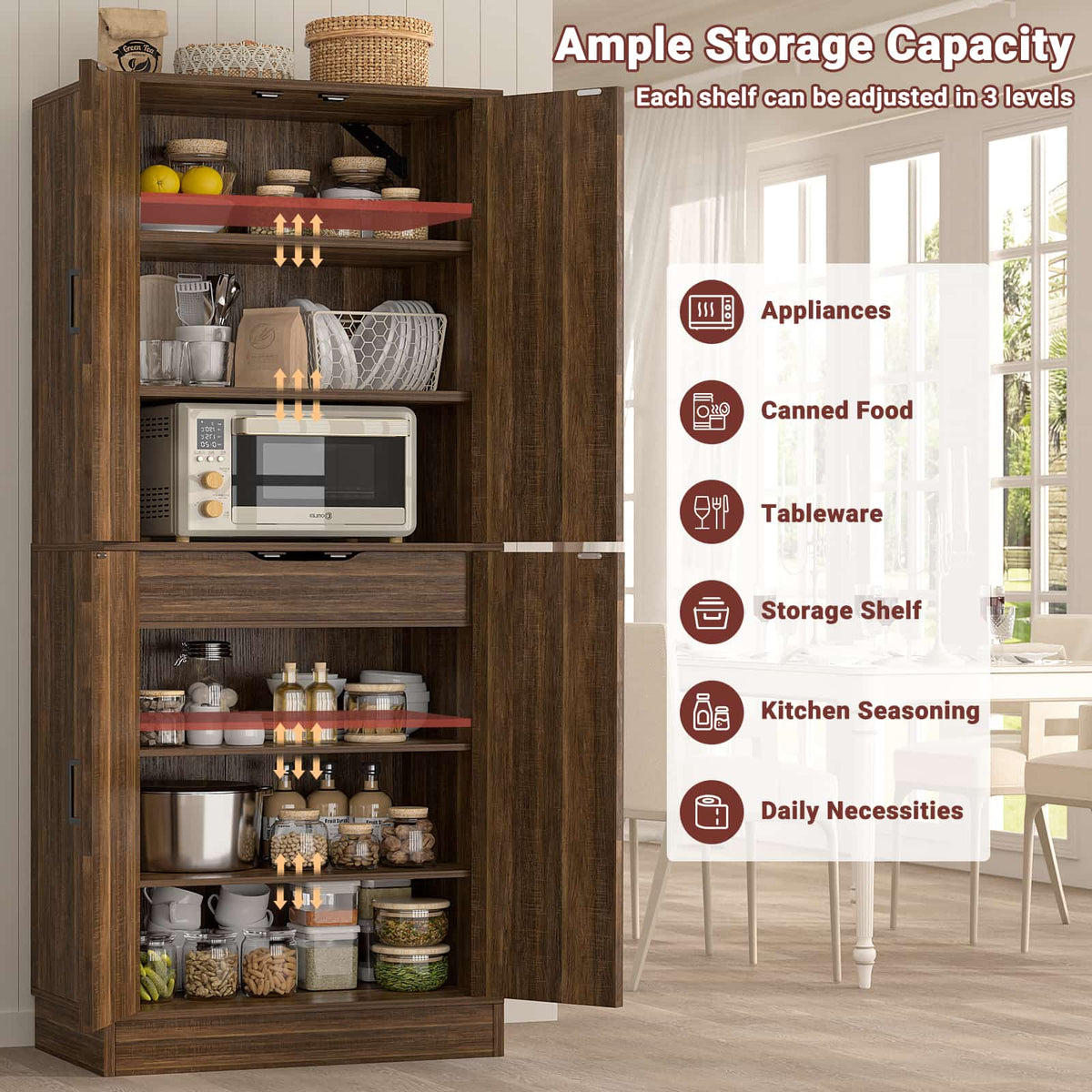 71"H Kitchen Pantry Storage Cabinet with Adjustable Shelves, Drawer