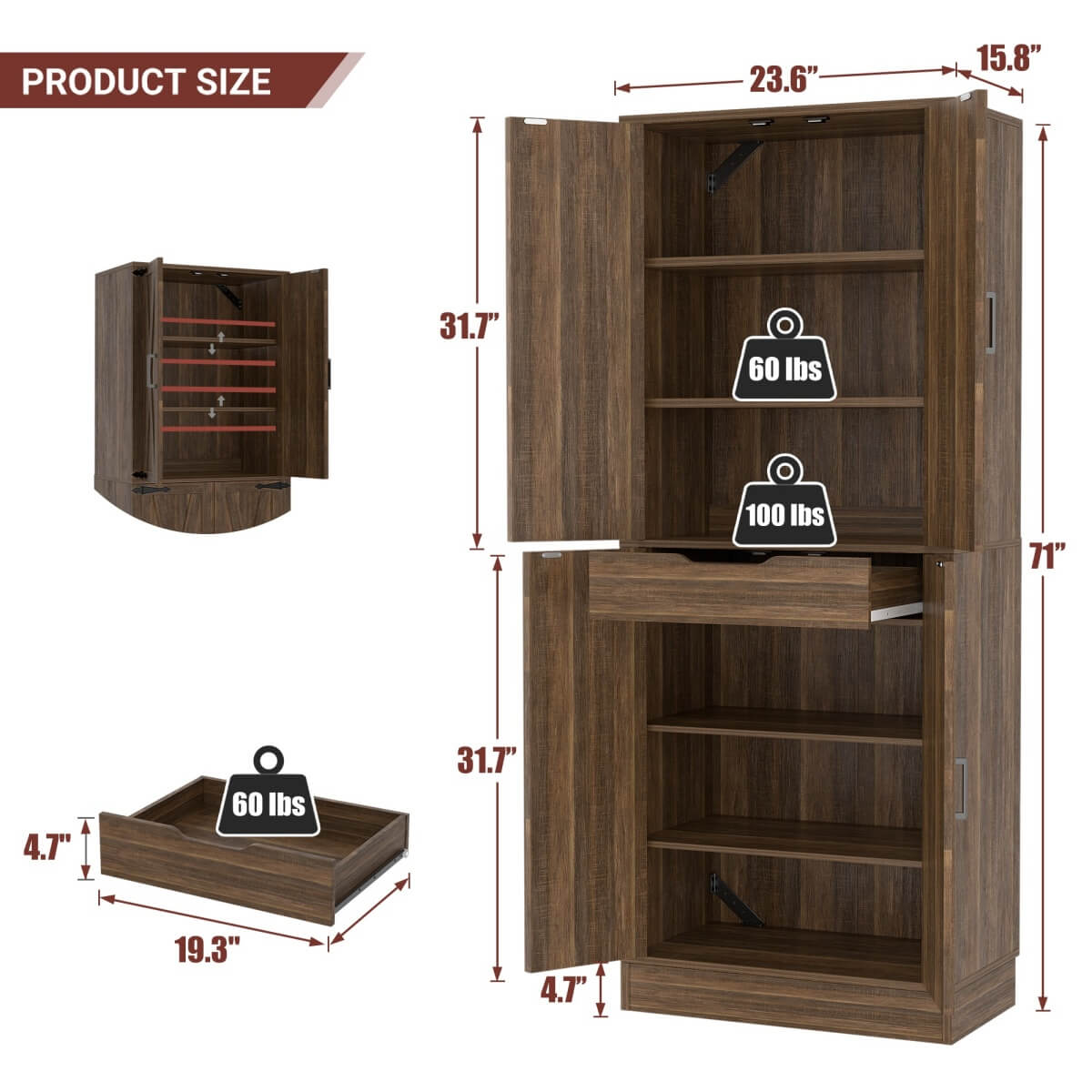 71 Inch Freestanding Farmhouse Kitchen Pantry Storage Cabinet