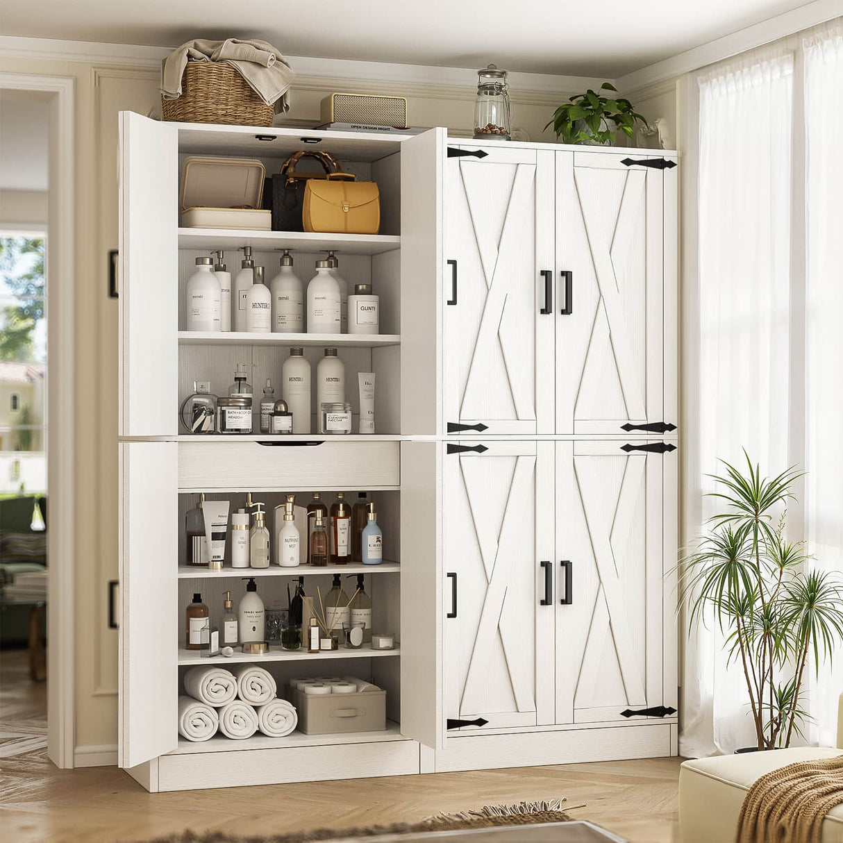 71" Tall Kitchen Pantry Cabinet with Farmhouse Barn Doors and Storage Drawer, 2 Packs