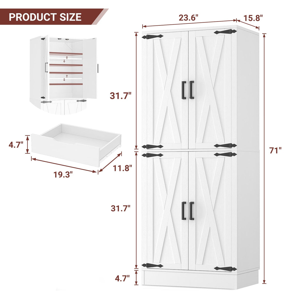 71"H Kitchen Pantry Storage Cabinet with Adjustable Shelves, Drawer
