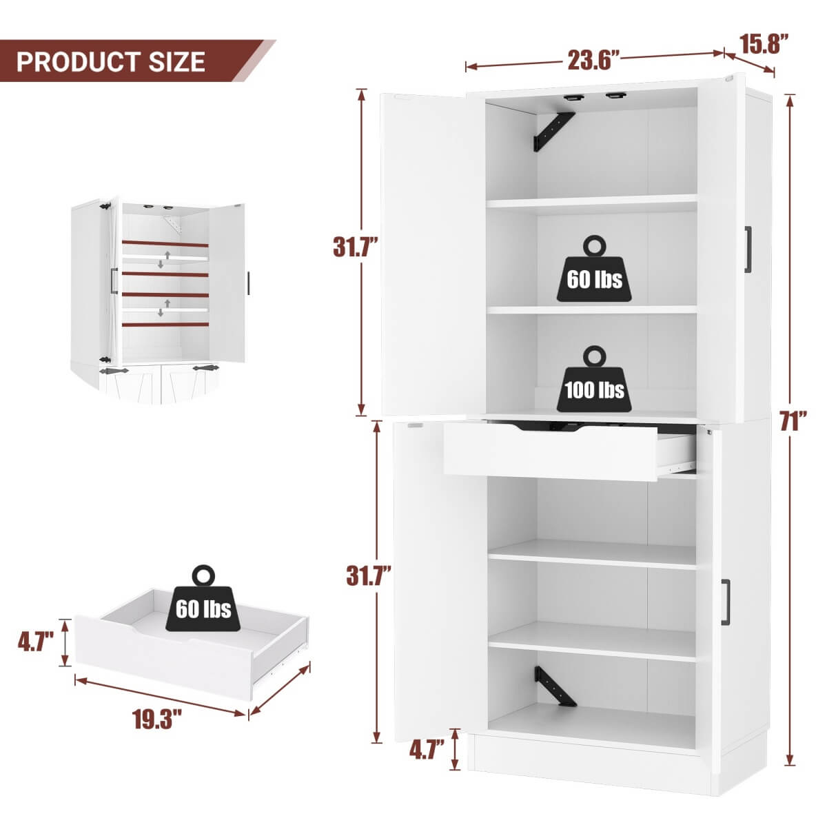 71 Inch Freestanding Farmhouse Kitchen Pantry Storage Cabinet