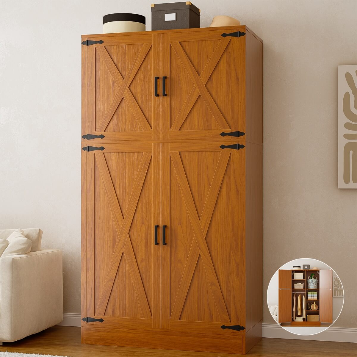 71'' High Modern Farmhouse Armoire Wardrobe Closet with Hanging Rods, 4 Door Wardrobe Closet