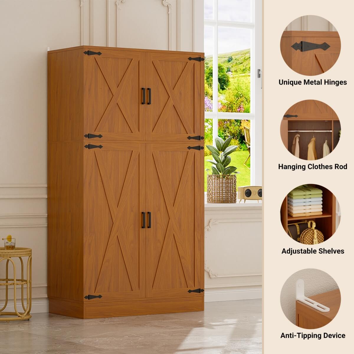 71'' High Modern Farmhouse Armoire Wardrobe Closet with Hanging Rods, 4 Door Wardrobe Closet
