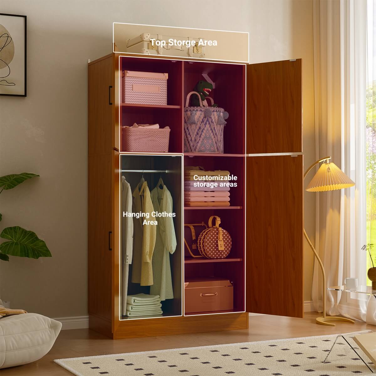 71'' High Modern Farmhouse Armoire Wardrobe Closet with Hanging Rods, 4 Door Wardrobe Closet