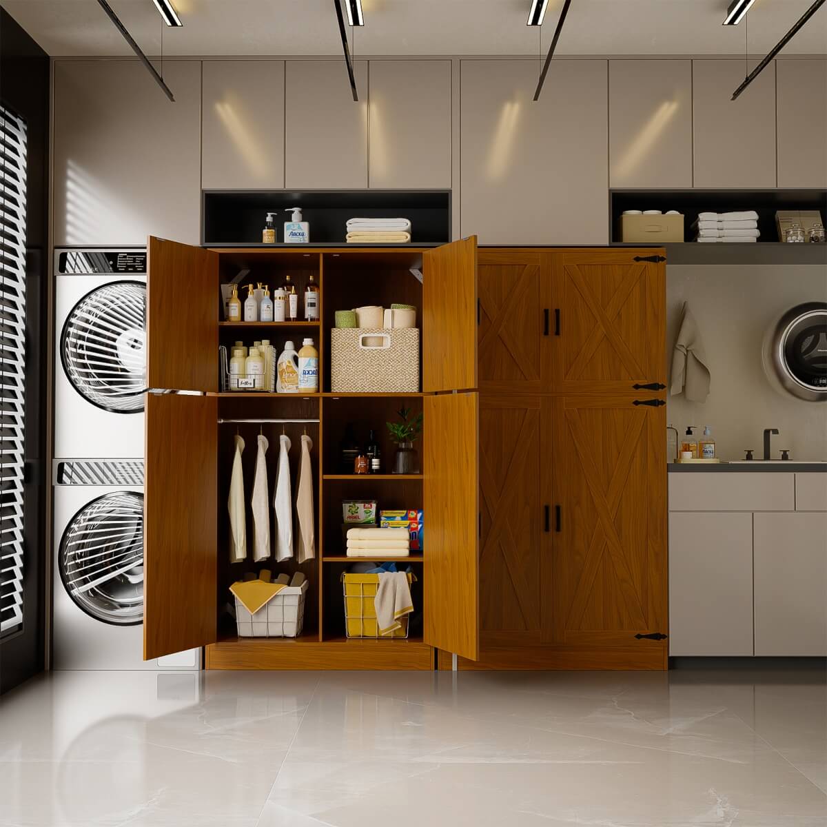 71'' High Modern Farmhouse Armoire Wardrobe Closet with Hanging Rods, 4 Door Wardrobe Closet