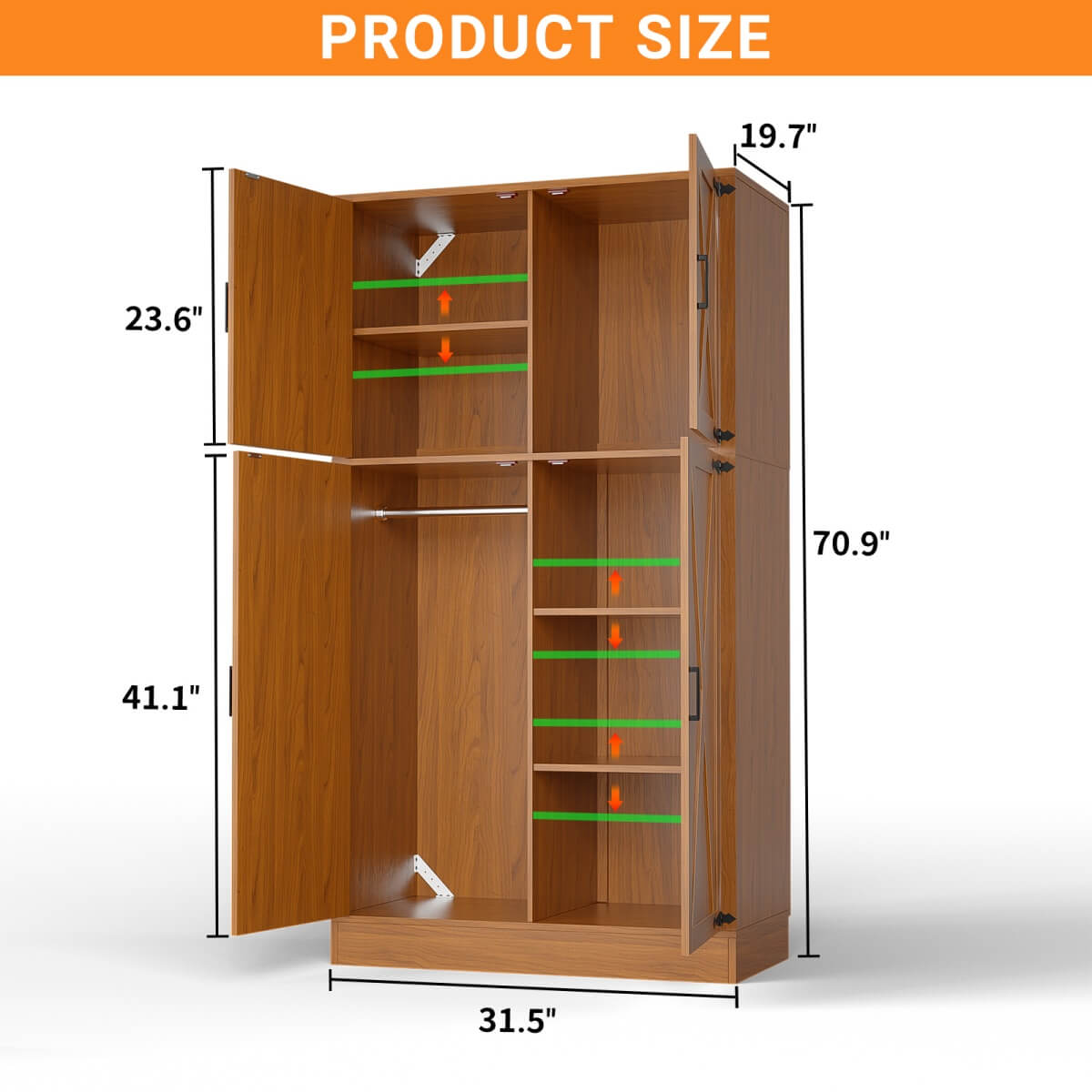 71'' High Modern Farmhouse Armoire Wardrobe Closet with Hanging Rods, 4 Door Wardrobe Closet