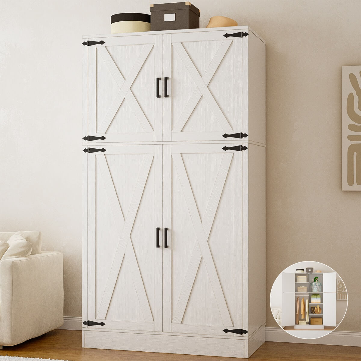 71'' High Modern Farmhouse Armoire Wardrobe Closet with Hanging Rods, 4 Door Wardrobe Closet