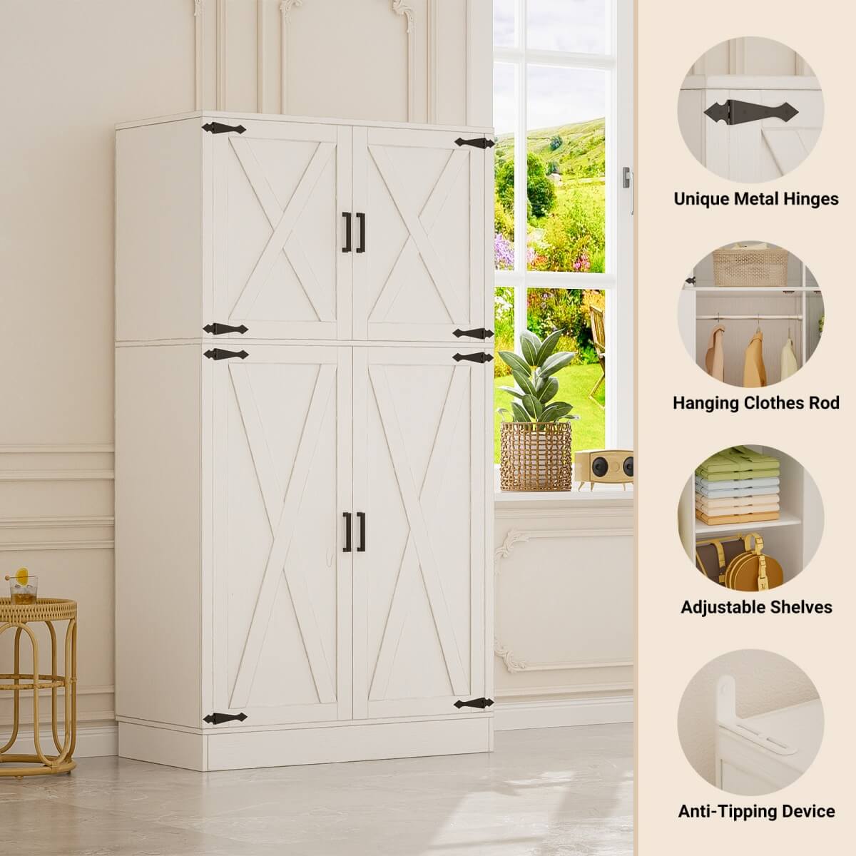 71'' High Modern Farmhouse Armoire Wardrobe Closet with Hanging Rods, 4 Door Wardrobe Closet