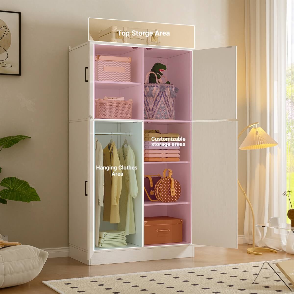 71'' High Modern Farmhouse Armoire Wardrobe Closet with Hanging Rods, 4 Door Wardrobe Closet