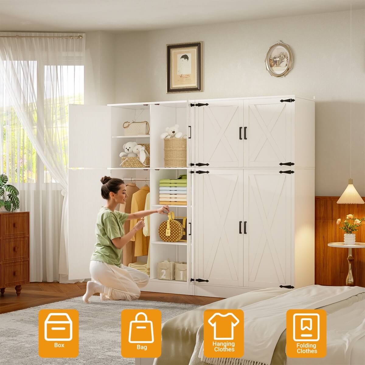 71'' High Modern Farmhouse Armoire Wardrobe Closet with Hanging Rods, 4 Door Wardrobe Closet