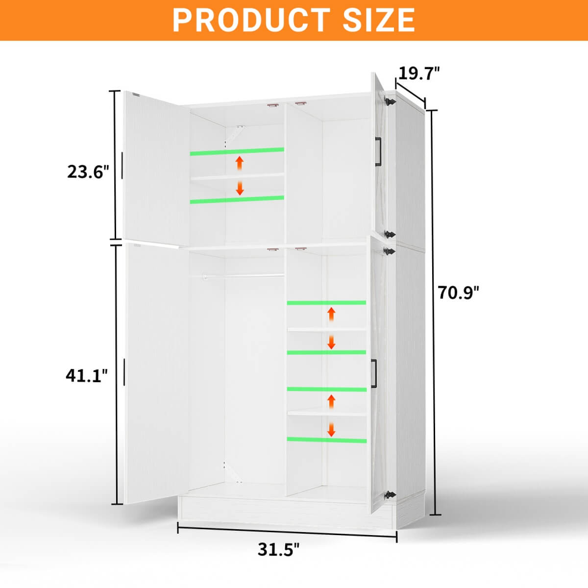 71'' High Modern Farmhouse Armoire Wardrobe Closet with Hanging Rods, 4 Door Wardrobe Closet