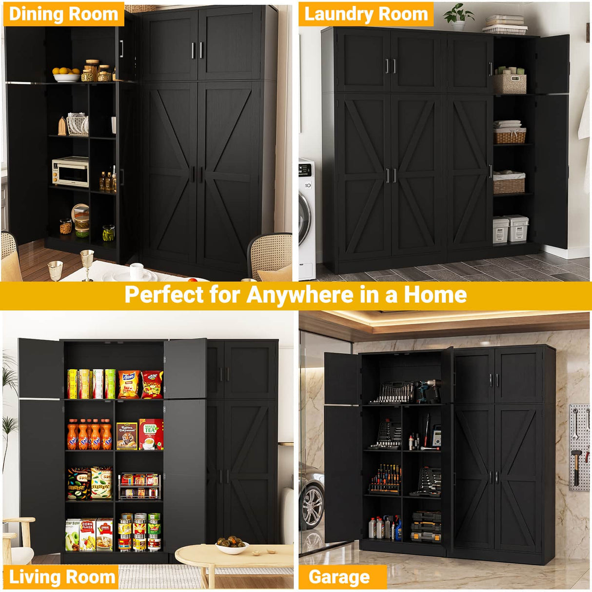 71” Tall Storage Cabinet, Farmhouse Kitchen Pantry Storage Cabinet with Adjustable Shelves and Barn Doors