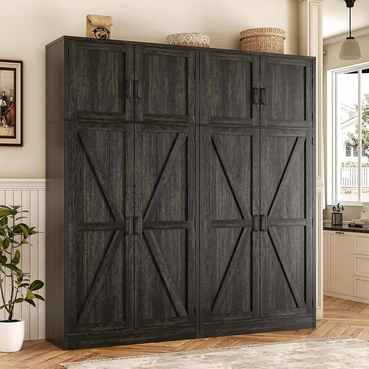 63'' Extra Wide Farmhouse Pantry Cabinet with Adjustable Shelves & Barn Doors, 4-Door Tall Storage Cabinet for Kitchen & Home Organization