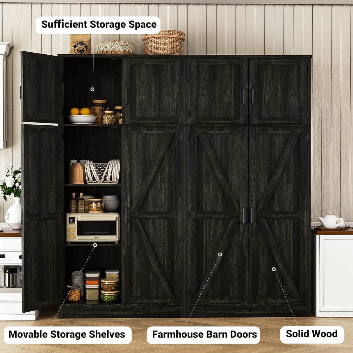 63'' Extra Wide Farmhouse Pantry Cabinet with Adjustable Shelves & Barn Doors, 4-Door Tall Storage Cabinet for Kitchen & Home Organization