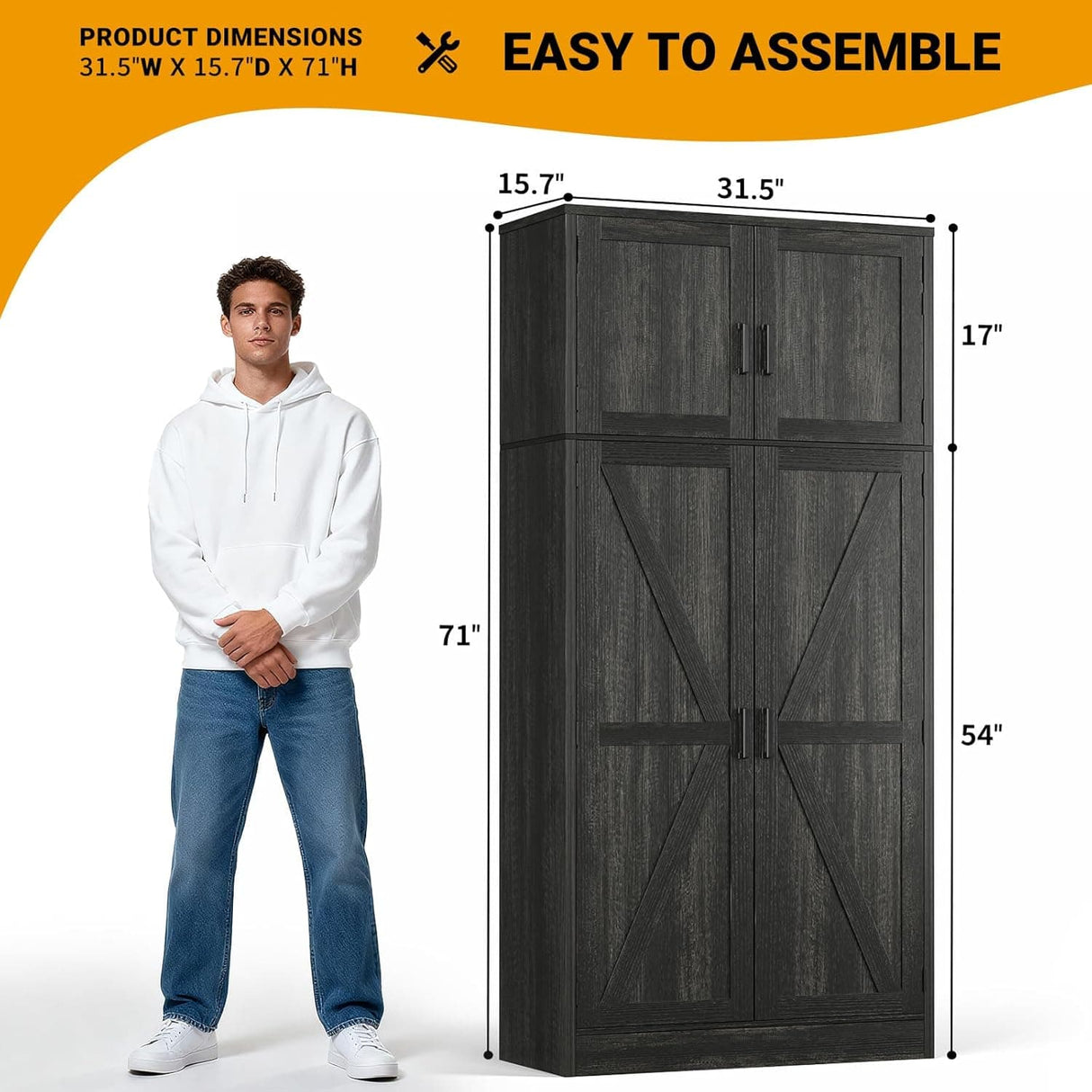 71” Tall Farmhouse Kitchen Pantry Cabinet with Adjustable Shelves and Barn Doors