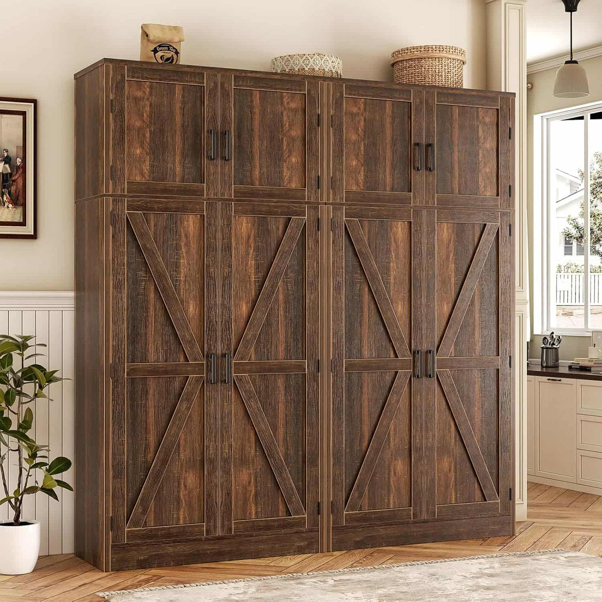 63'' Extra Wide Farmhouse Pantry Cabinet with Adjustable Shelves & Barn Doors, 4-Door Tall Storage Cabinet for Kitchen & Home Organization