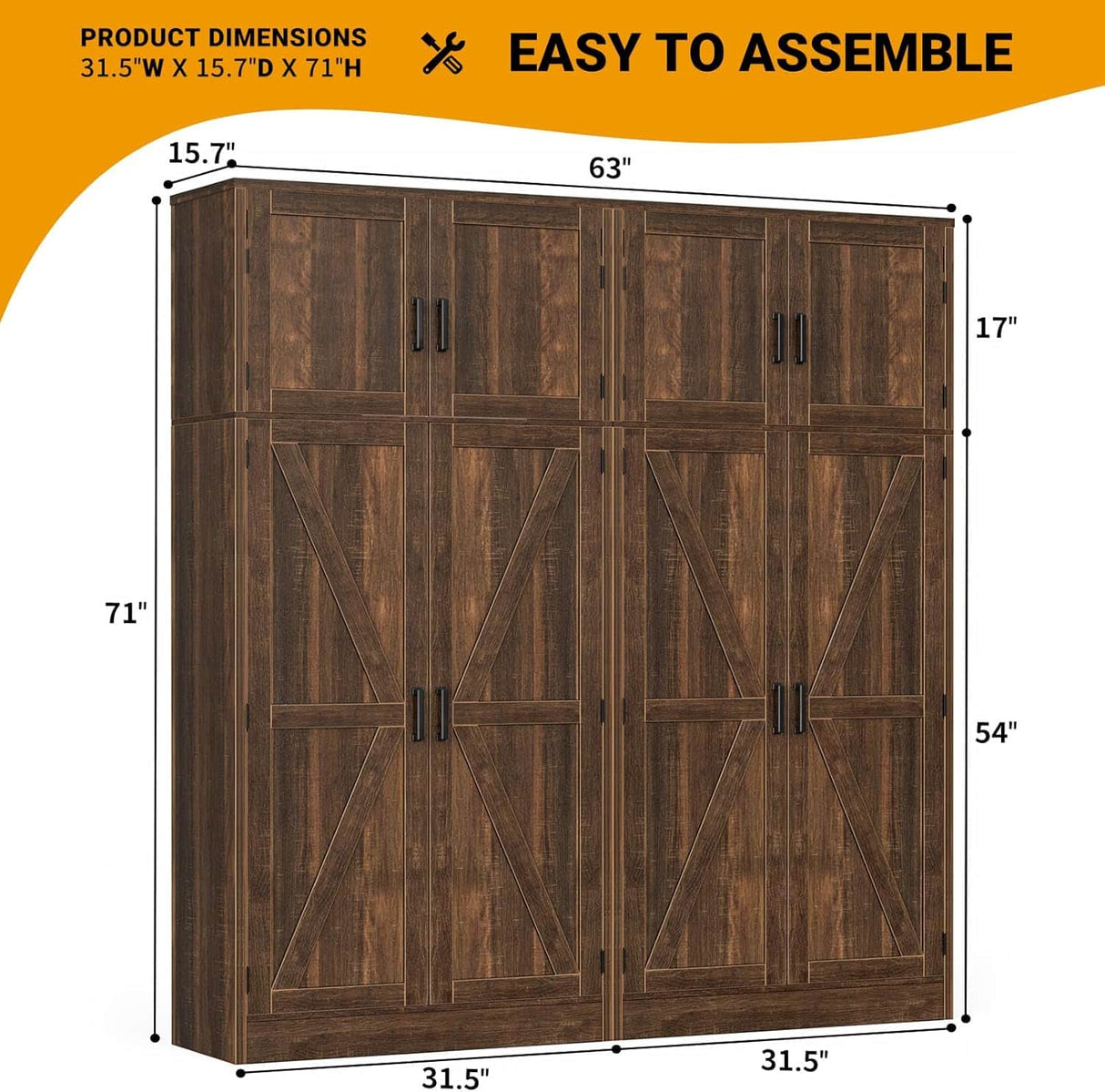 63'' Extra Wide Farmhouse Pantry Cabinet with Adjustable Shelves & Barn Doors, 4-Door Tall Storage Cabinet for Kitchen & Home Organization