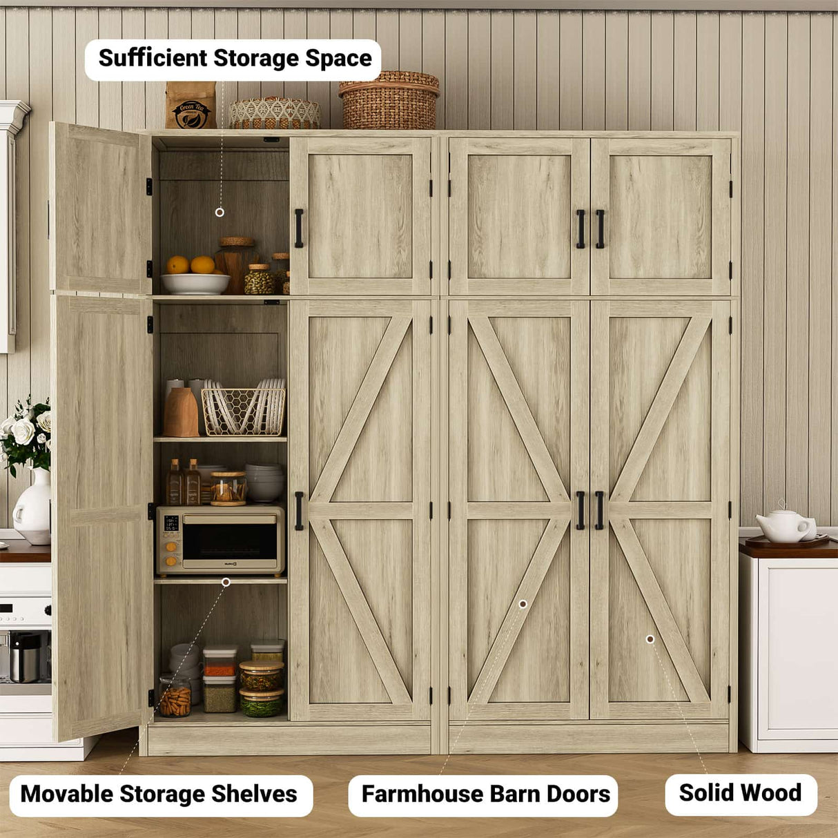71” Farmhouse Kitchen Pantry Cabinet, Large Storage Cabinet with Adjustable Shelves and Barn Doors