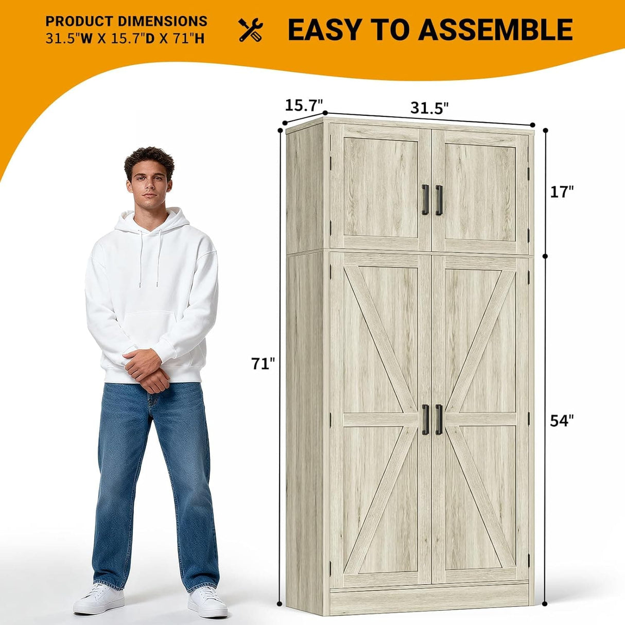 71” Tall Farmhouse Kitchen Pantry Cabinet with Adjustable Shelves and Barn Doors