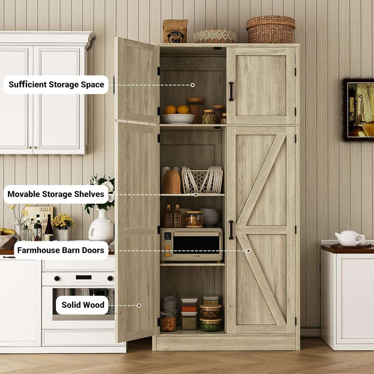71” Tall Farmhouse Kitchen Pantry Cabinet with Adjustable Shelves and Barn Doors